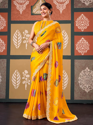 Peachmode Yellow Bandhani Printed Chiffon Saree With Embroidered Border - Image 1