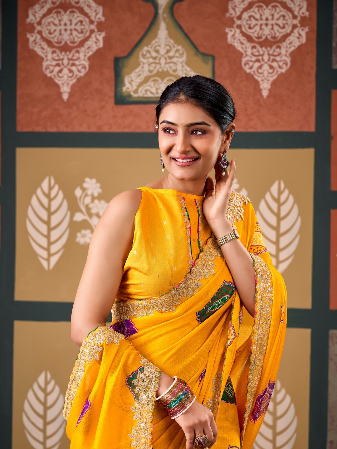 Peachmode Yellow Bandhani Printed Chiffon Saree With Embroidered Border - Image 5