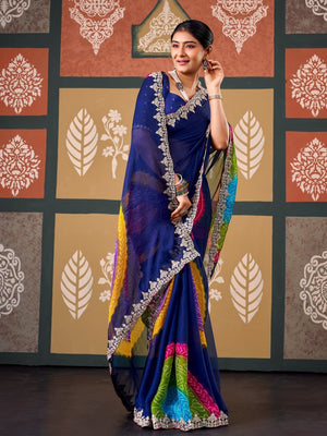Peachmode Navy Blue Bandhani Printed Chiffon Saree With Embroidered Border - Image 1