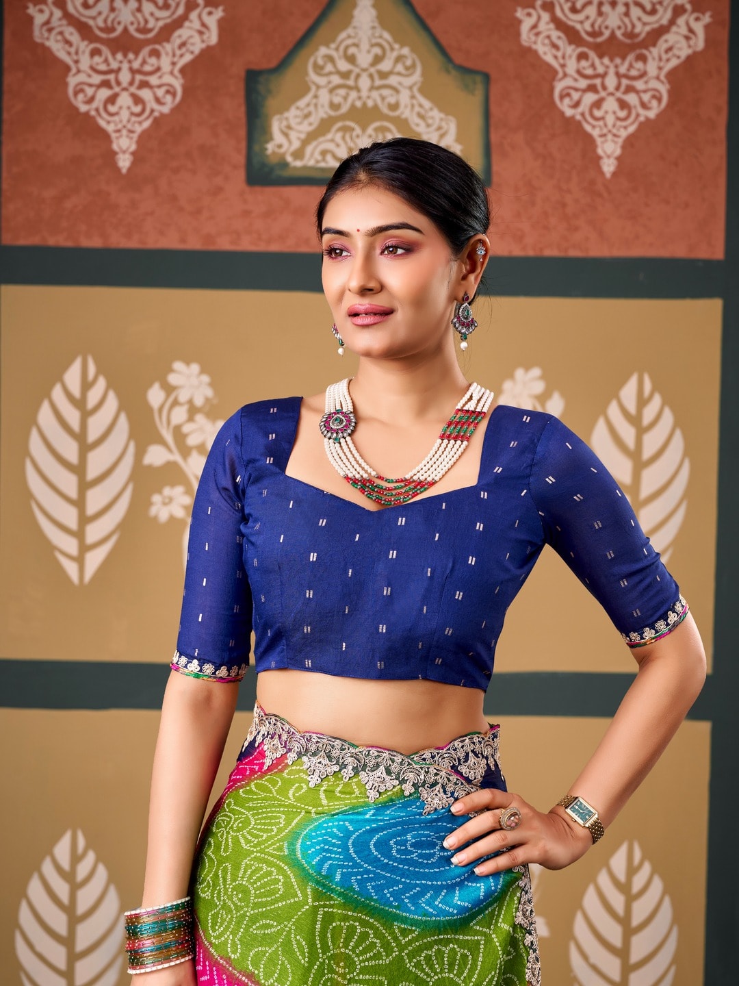 Peachmode Navy Blue Bandhani Printed Chiffon Saree With Embroidered Border - Image 3
