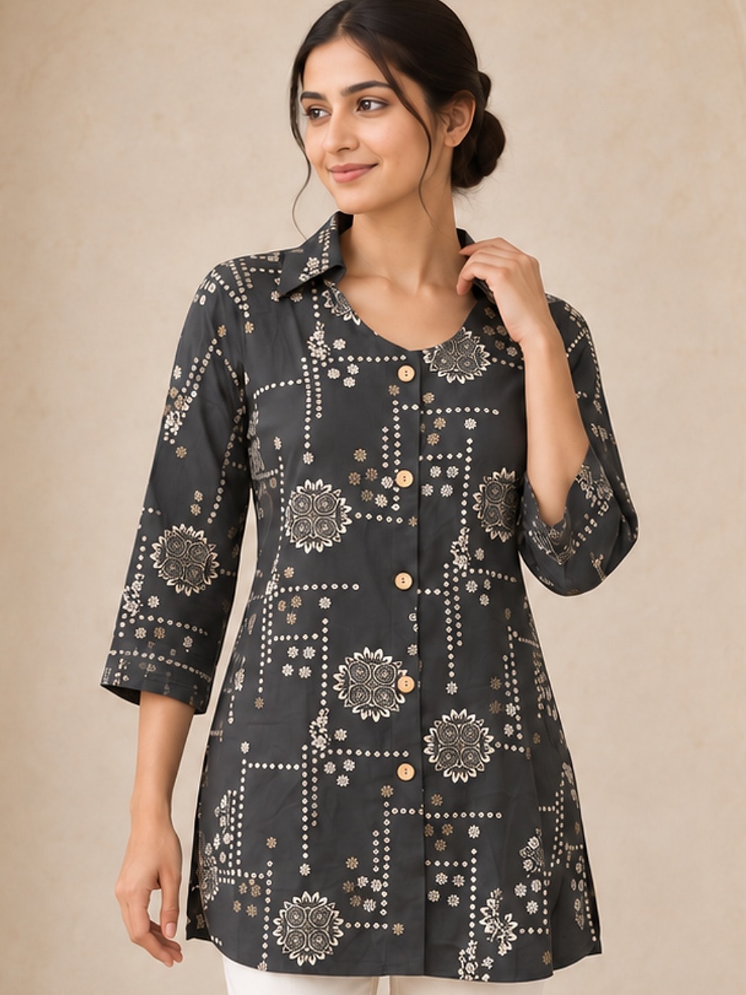 Dark Grey Rayon Printed Shirt - Image 1