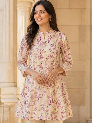 Peachmode Pink Rayon Leafy Floral Printed A-Line Top - Image 1