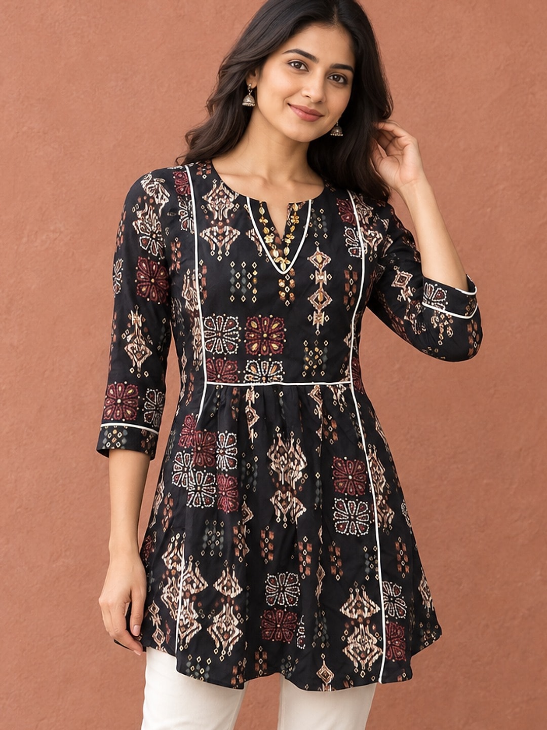 Peachmode Black Rayon Ethnic Printed Embellished A-Line Top - Image 1