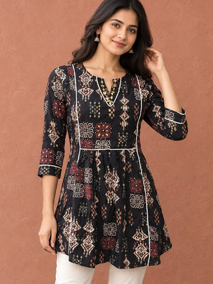 Peachmode Black Rayon Ethnic Printed Embellished A-Line Top - Image 1