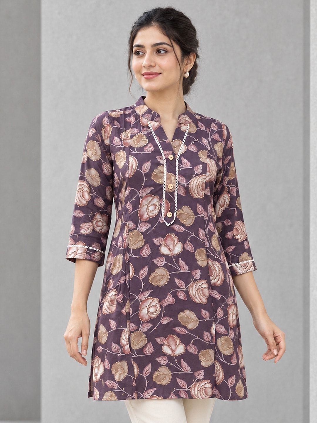 Mauve Floral Printed Rayon Top - Image 1