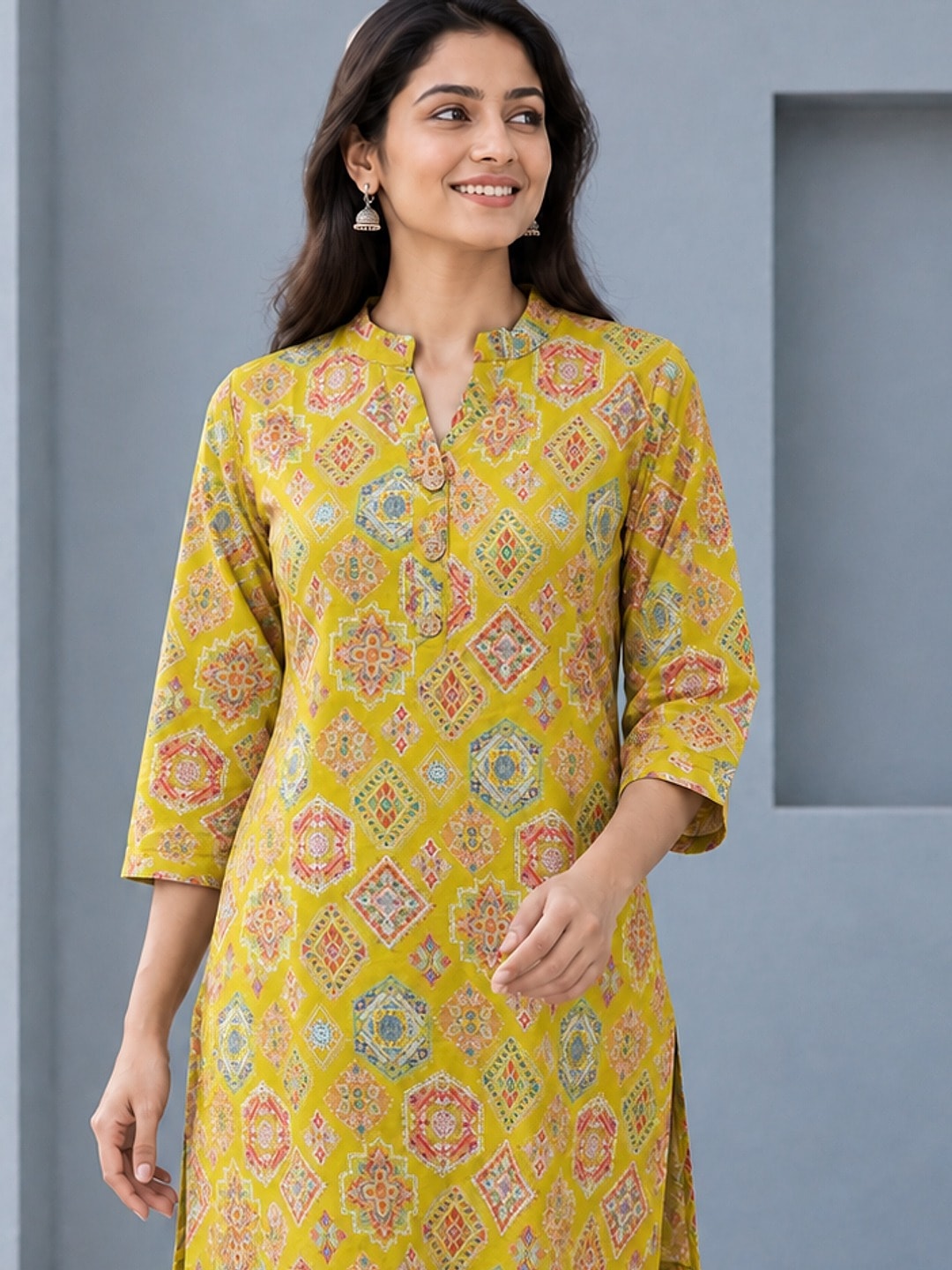 Peachmode Mustard Rayon Geometric Printed Short Top - Image 1