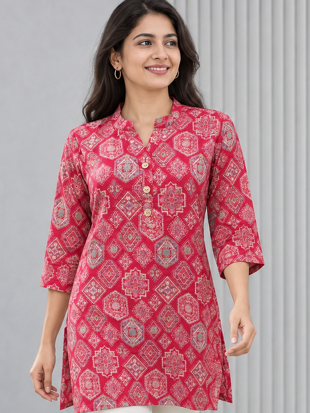 Peachmode Pink Rayon Geometric Printed Short Top - Image 1