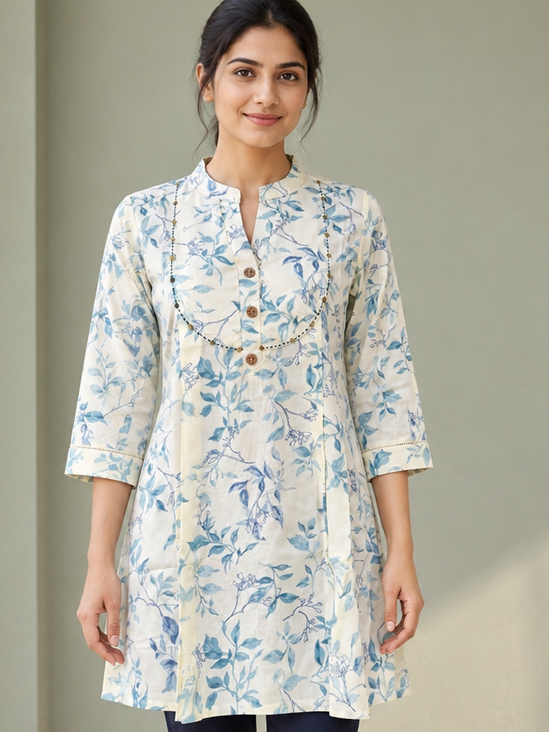 Peachmode Blue Rayon Leafy Floral Embroidered A-Line Top - Image 1