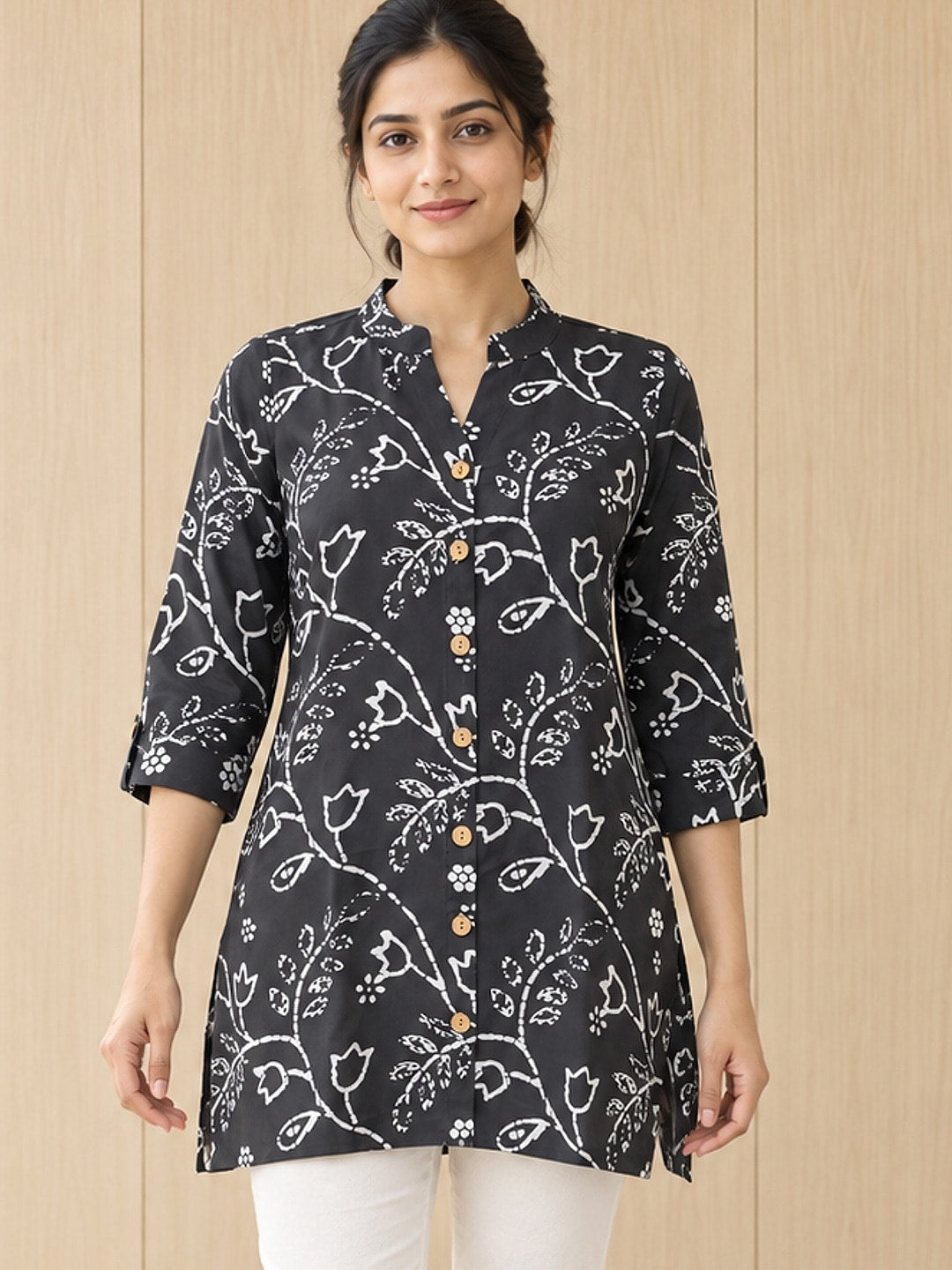 Peachmode Grey Rayon Floral Line-Art Buttoned Top - Image 1