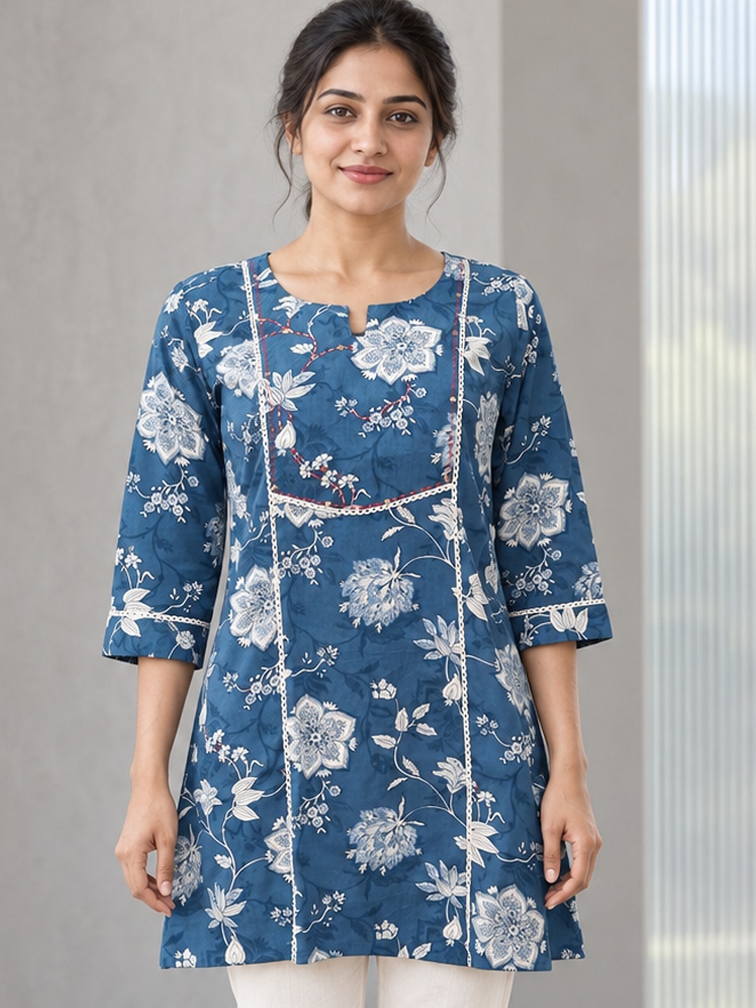 Peachmode Blue Rayon Floral Printed Embroidered Top - Image 1