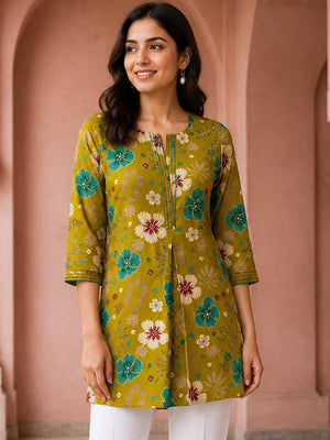 Peachmode Liril Green Rayon Floral Printed Embroidered Top - Image 1