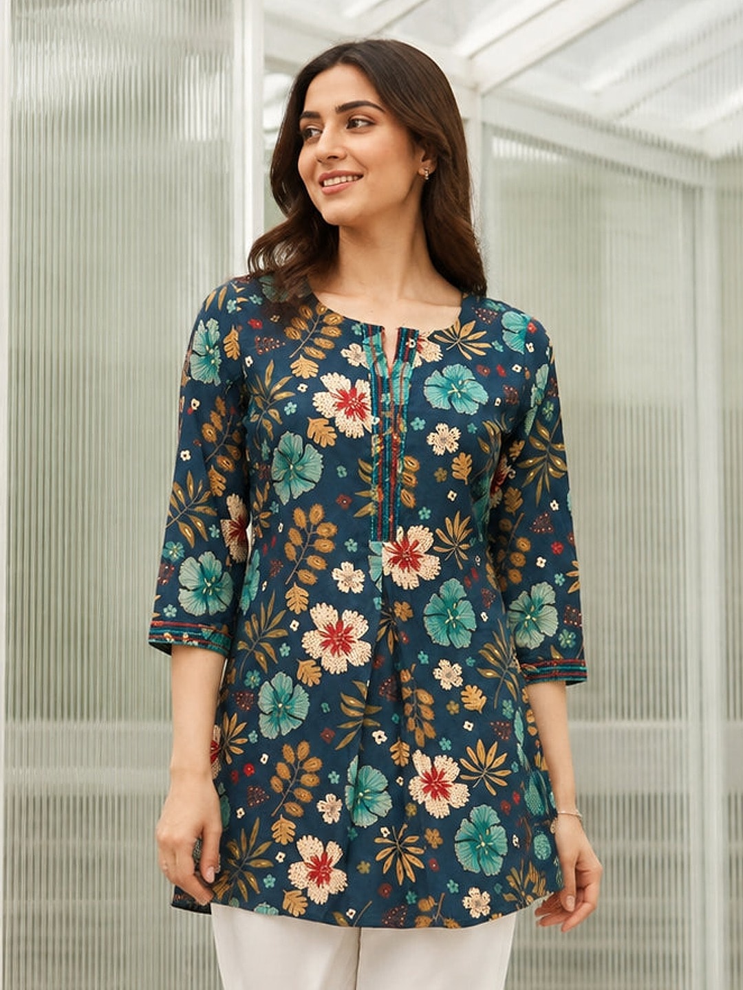 Peachmode Teal Blue Rayon Floral Printed Embroidered Top - Image 1