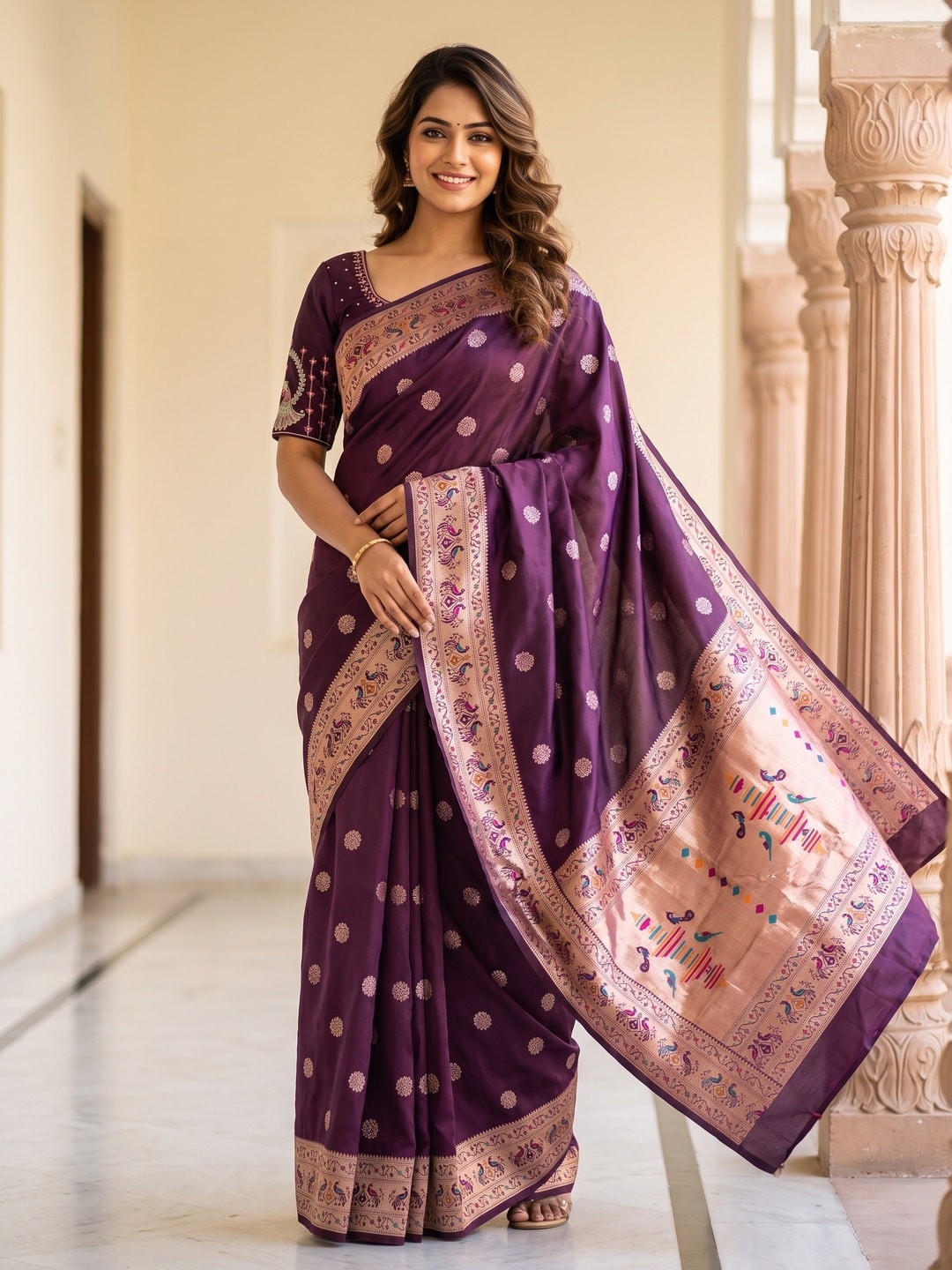 Peachmode Wine Silk Blend Paithani Woven Saree - Image 1