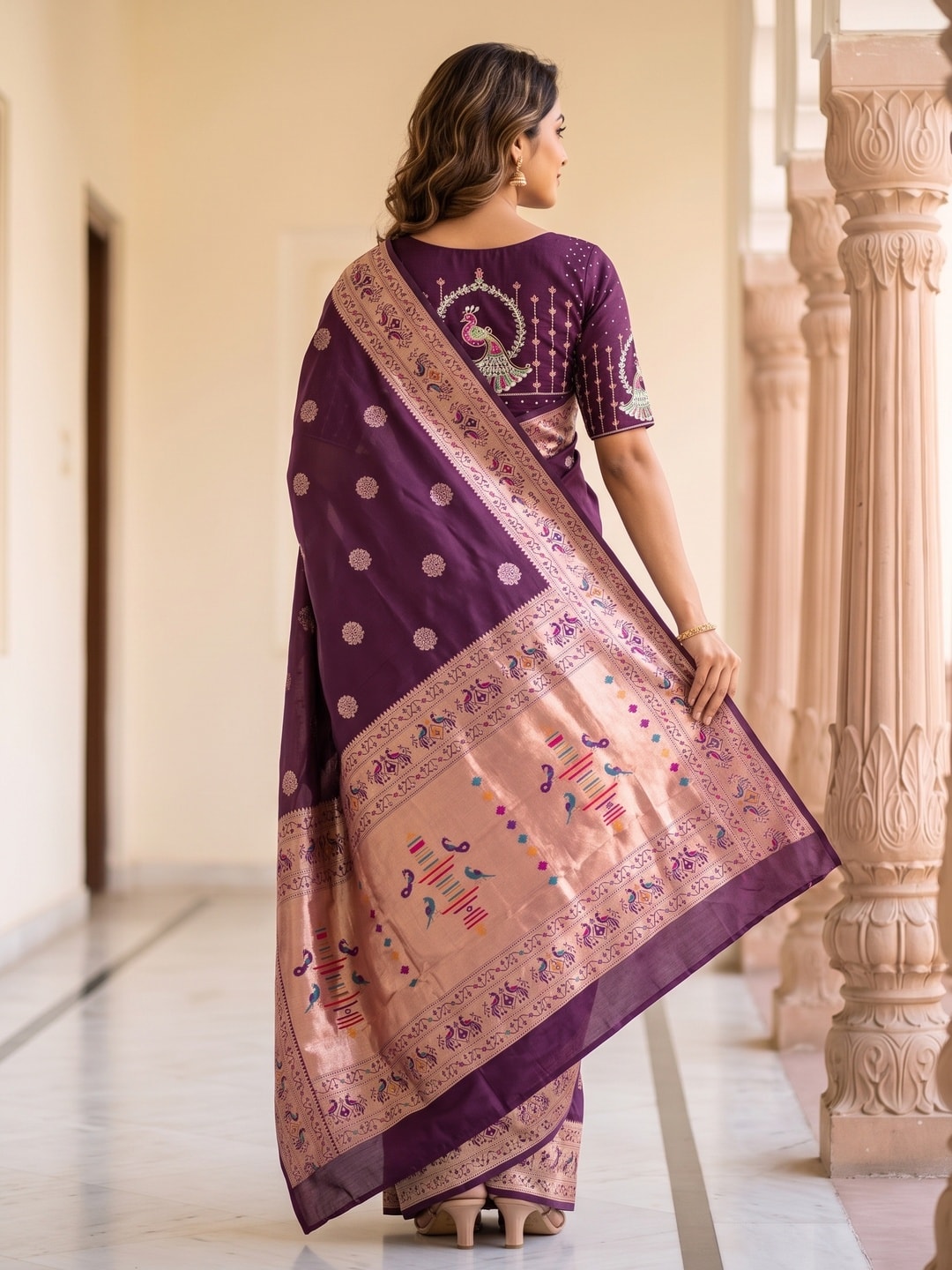 Peachmode Wine Silk Blend Paithani Woven Saree - Image 4