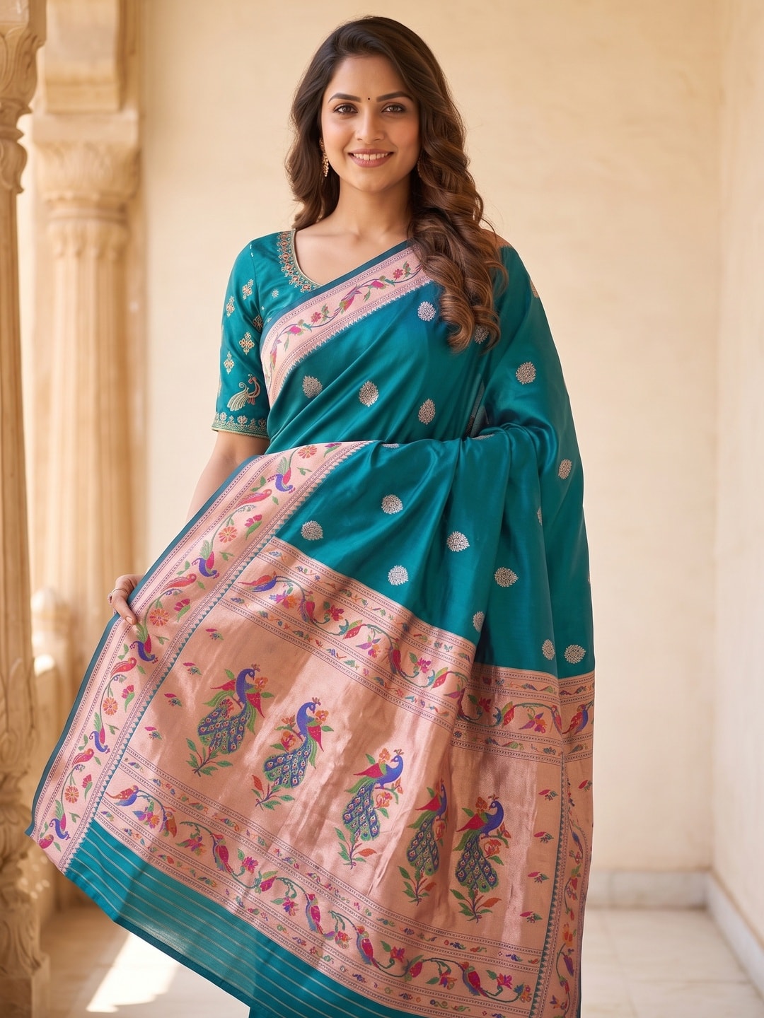 Peachmode Teal Silk Blend Paithani Woven Saree - Image 5