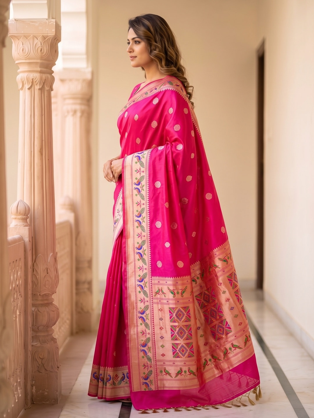 Peachmode Pink Silk Blend Paithani Woven Saree - Image 3