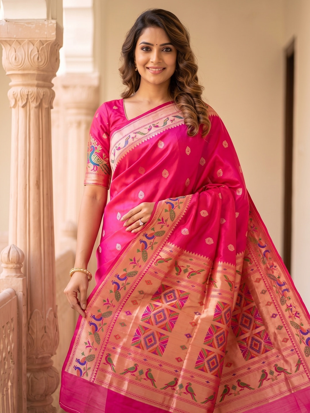 Peachmode Pink Silk Blend Paithani Woven Saree - Image 5