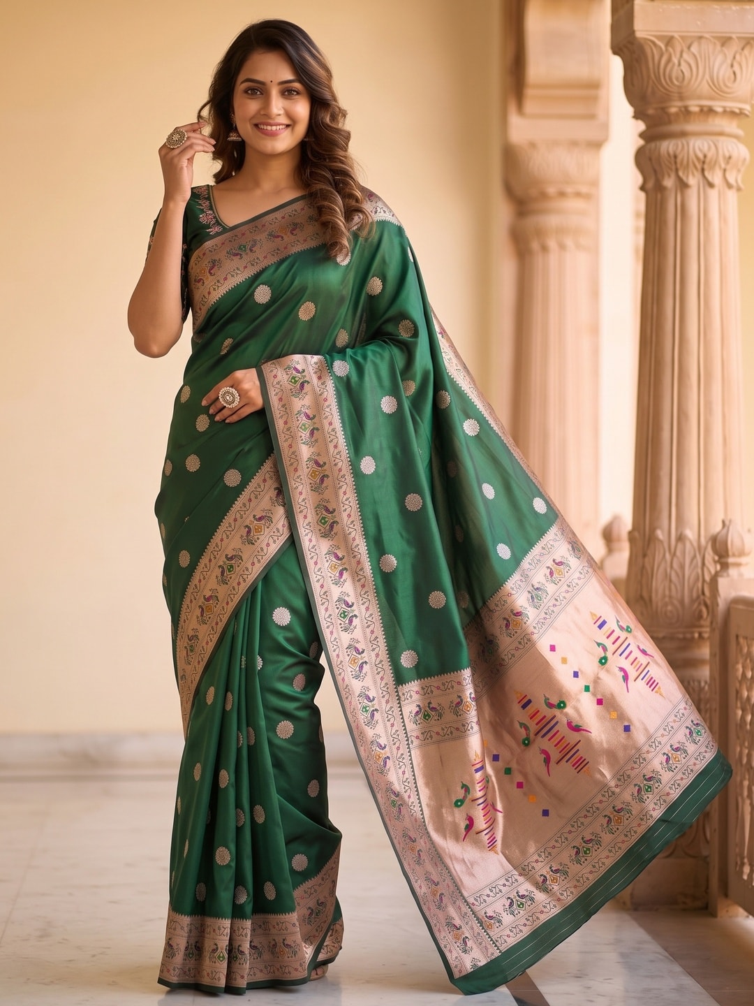 Peachmode Green Silk Blend Paithani Woven Saree - Image 2