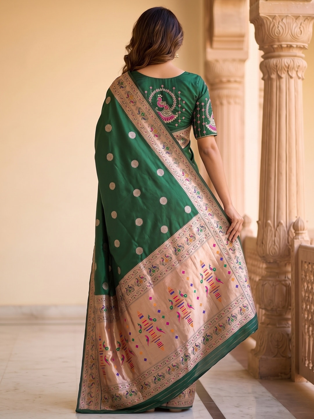 Peachmode Green Silk Blend Paithani Woven Saree - Image 4