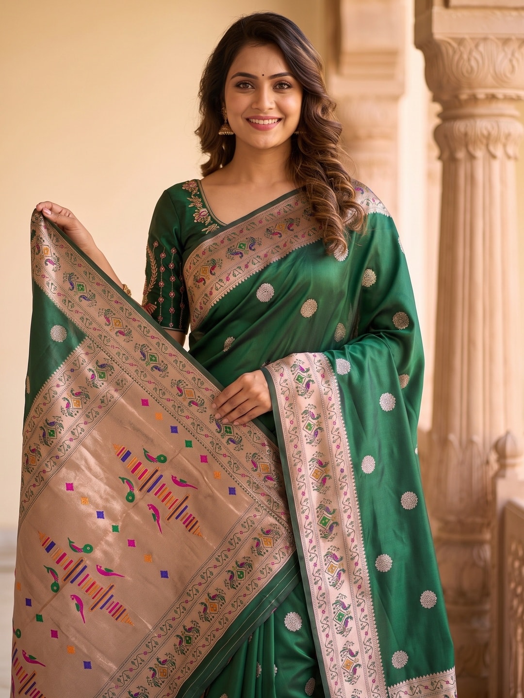 Peachmode Green Silk Blend Paithani Woven Saree - Image 5