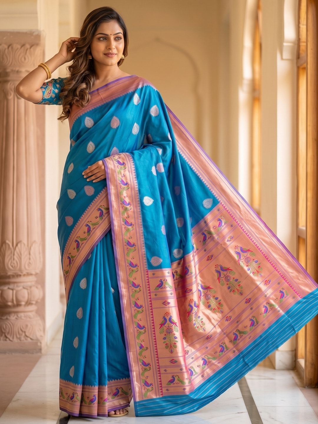 Peachmode Blue Silk Blend Paithani Woven Saree - Image 2