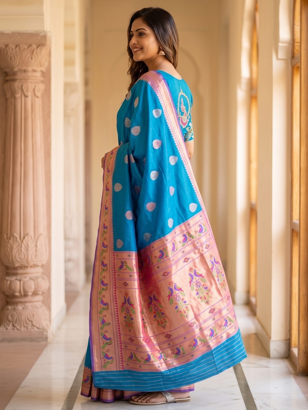 Peachmode Blue Silk Blend Paithani Woven Saree - Image 3