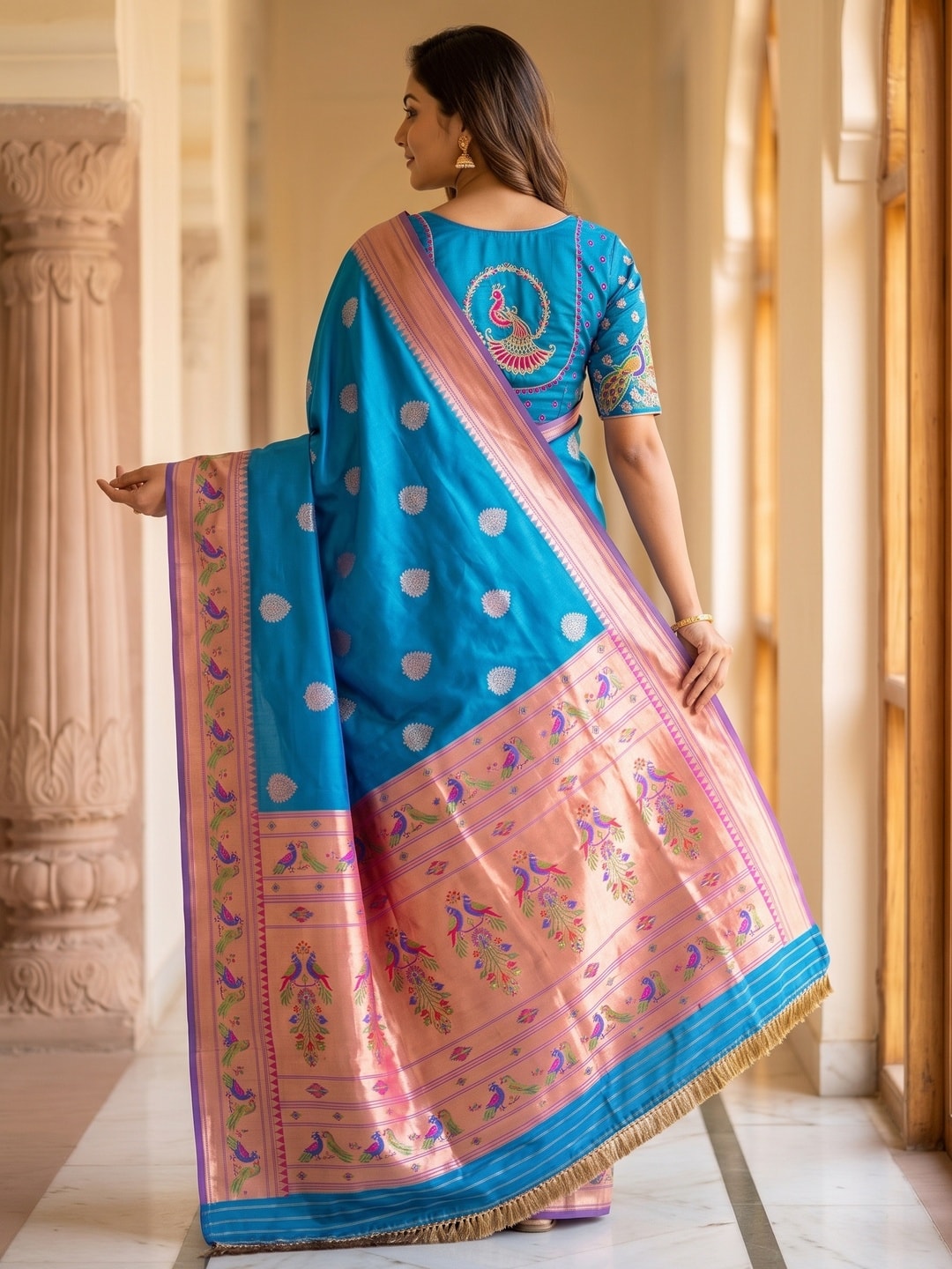 Peachmode Blue Silk Blend Paithani Woven Saree - Image 4