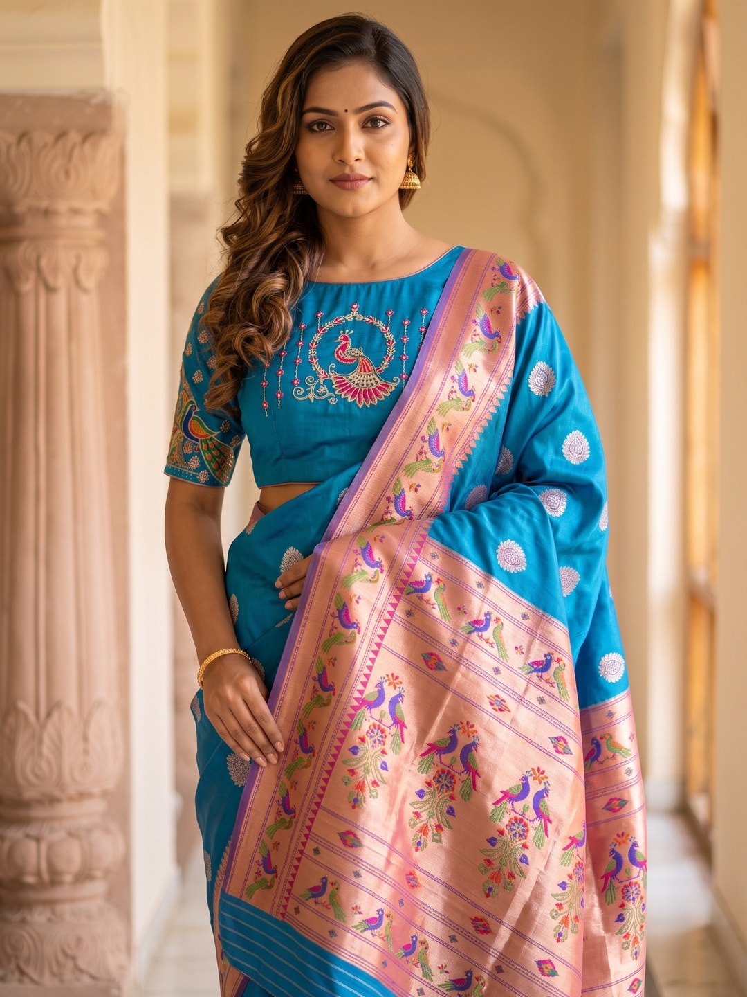 Peachmode Blue Silk Blend Paithani Woven Saree - Image 5