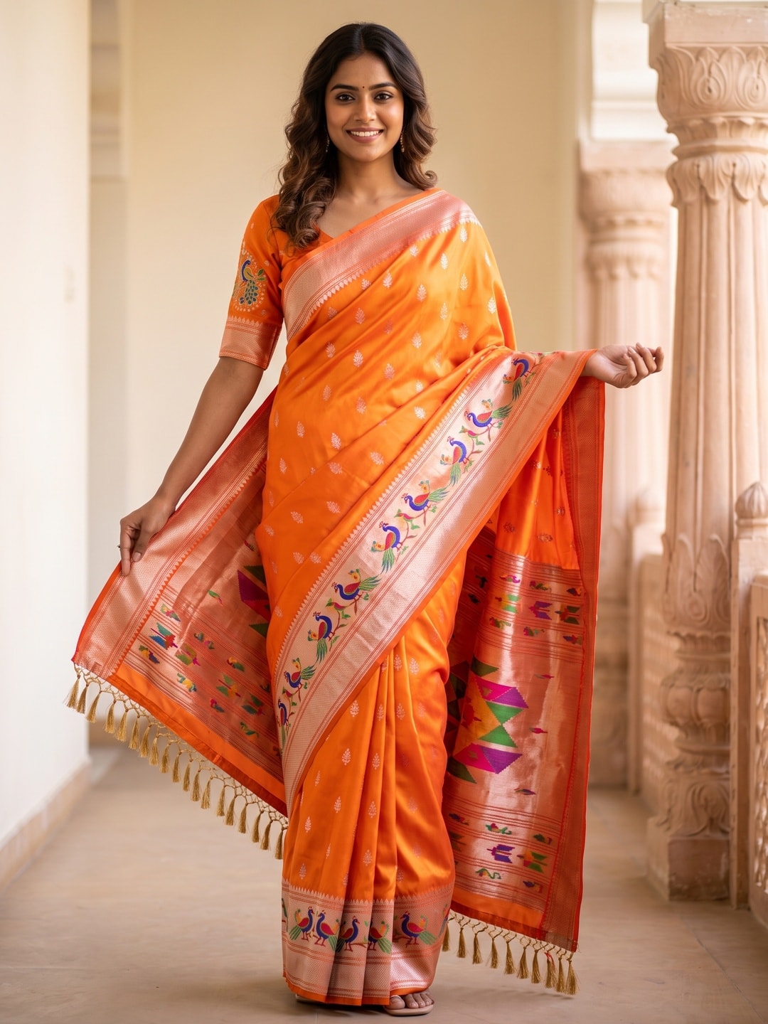 Peachmode Orange Silk Blend Paithani Woven Saree - Image 1
