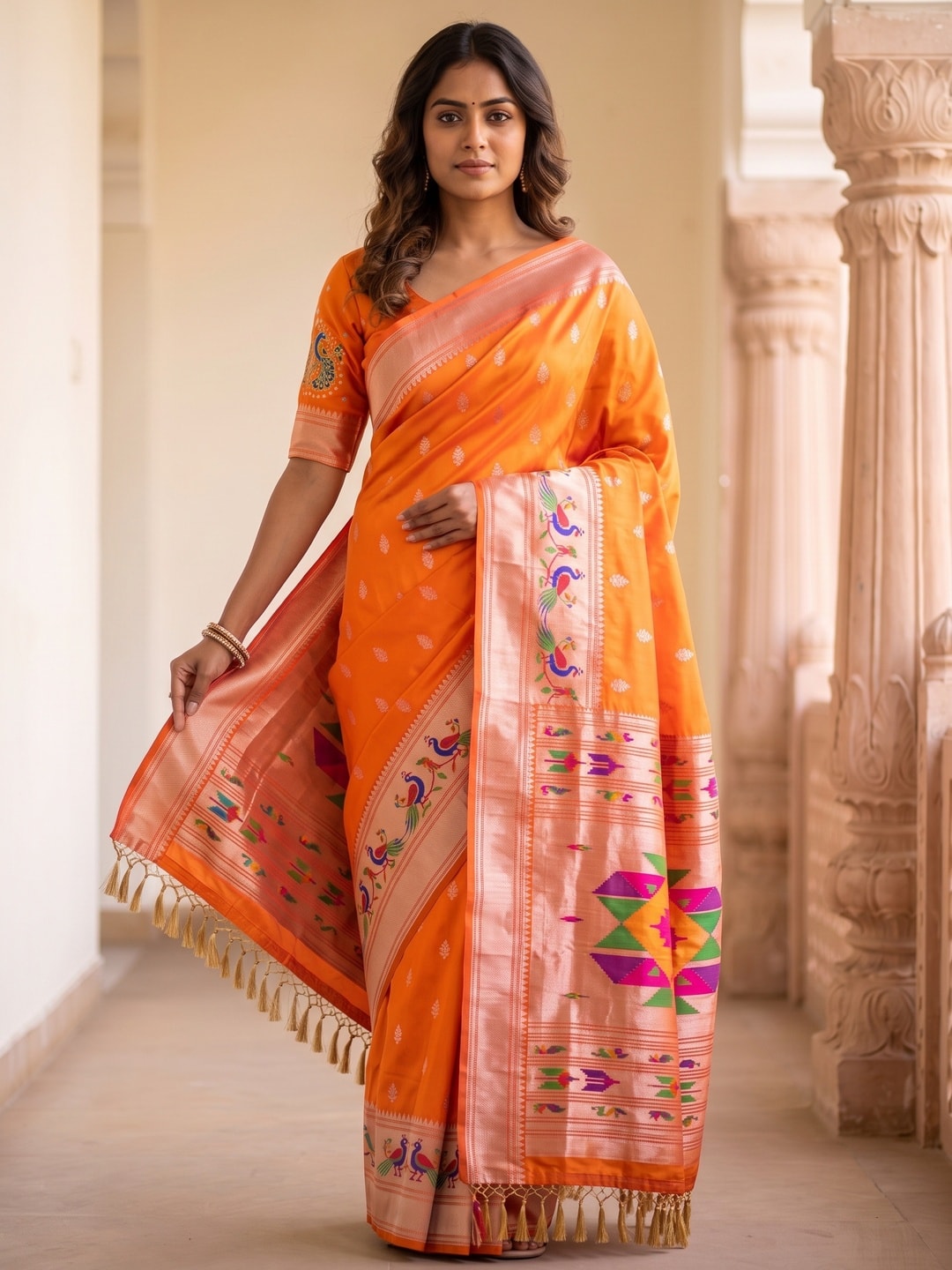 Peachmode Orange Silk Blend Paithani Woven Saree - Image 5