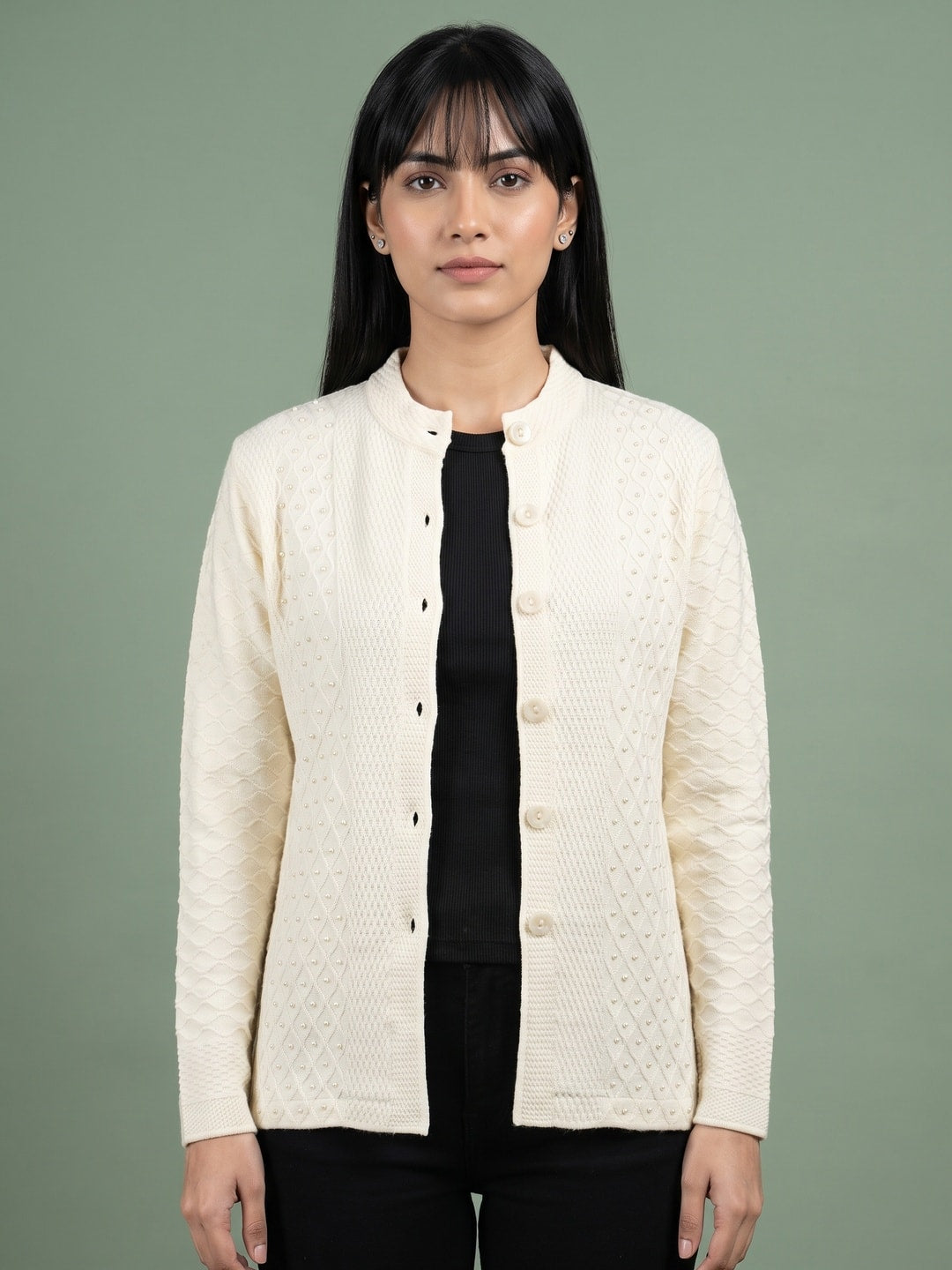 Peachmode White Cable Knit Pearl Beaded Woolen Cardigan - Image 1