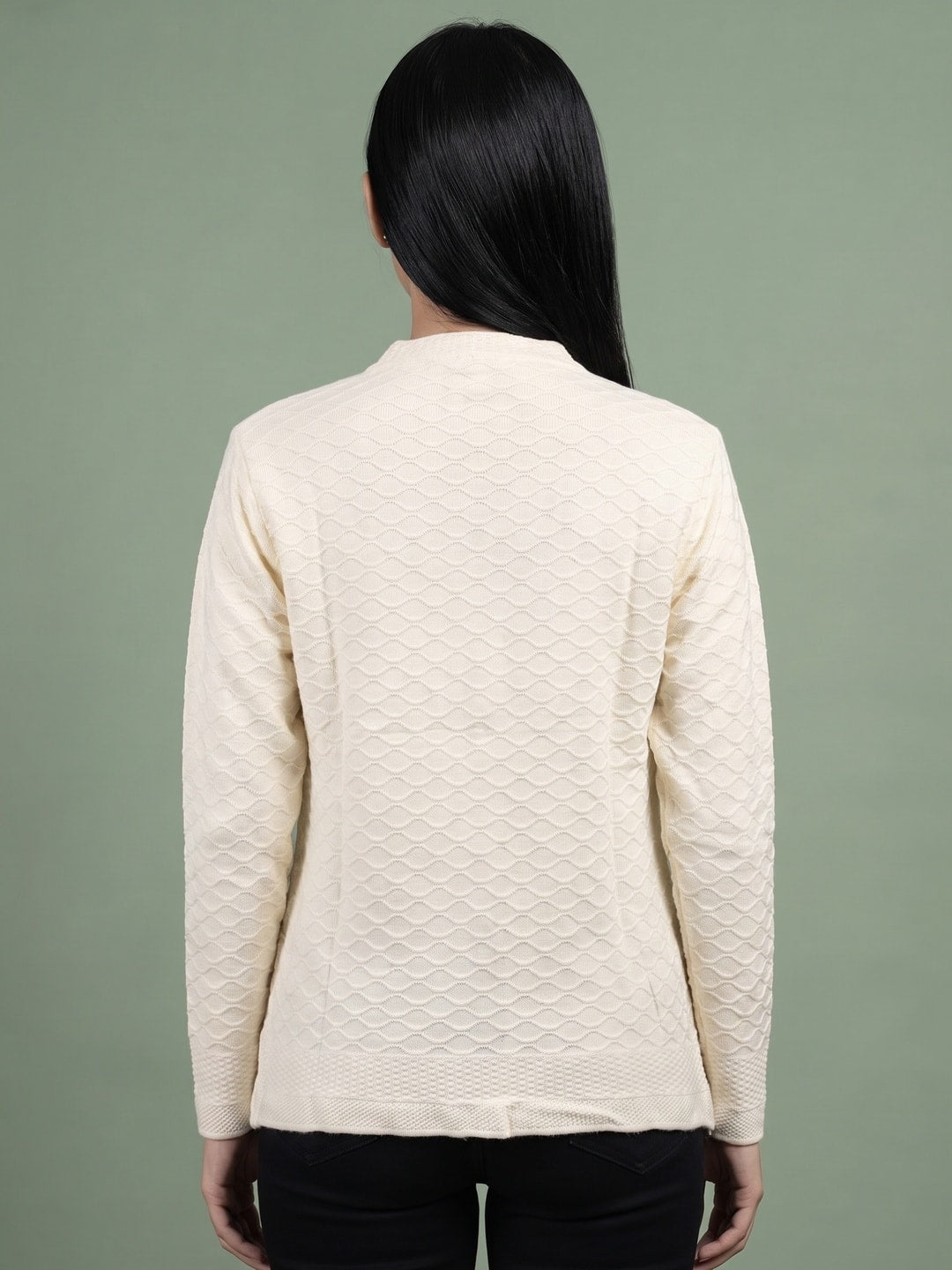 Peachmode White Cable Knit Pearl Beaded Woolen Cardigan - Image 4