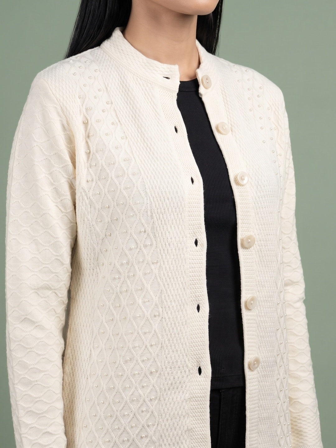 Peachmode White Cable Knit Pearl Beaded Woolen Cardigan - Image 5