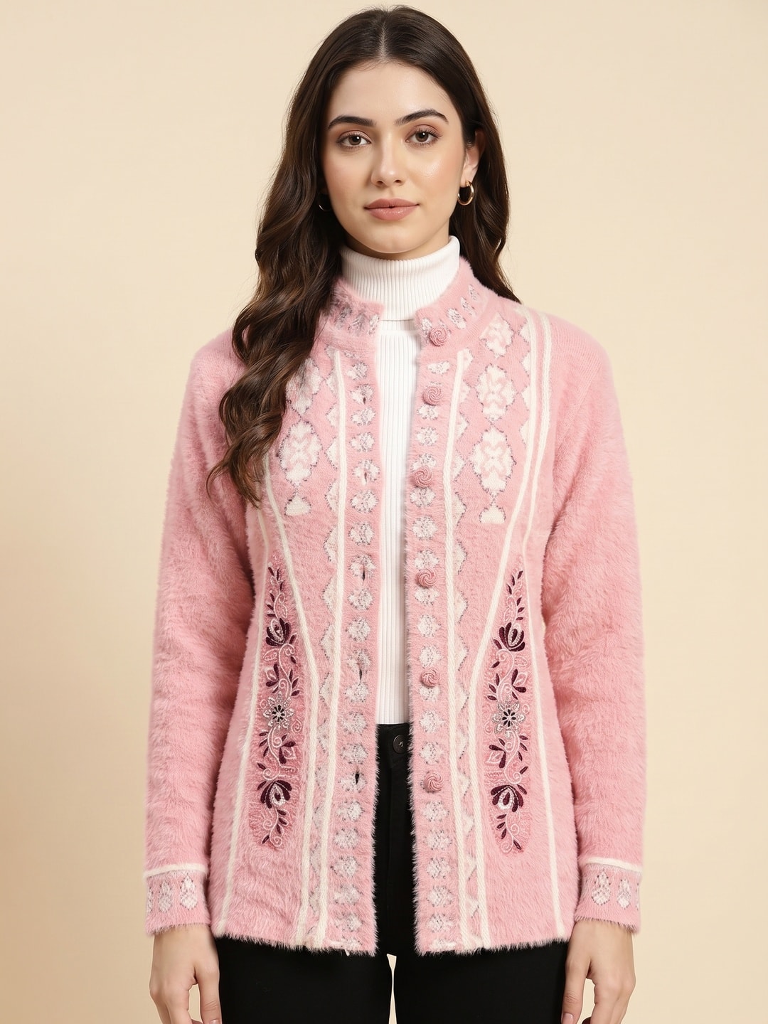 Peachmode Pink Fuzzy Jacquard Embroidered Woolen Cardigan - Image 1