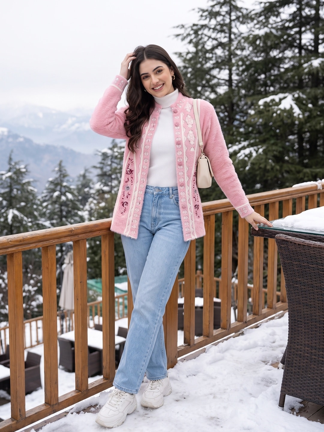 Peachmode Pink Fuzzy Jacquard Embroidered Woolen Cardigan - Image 2