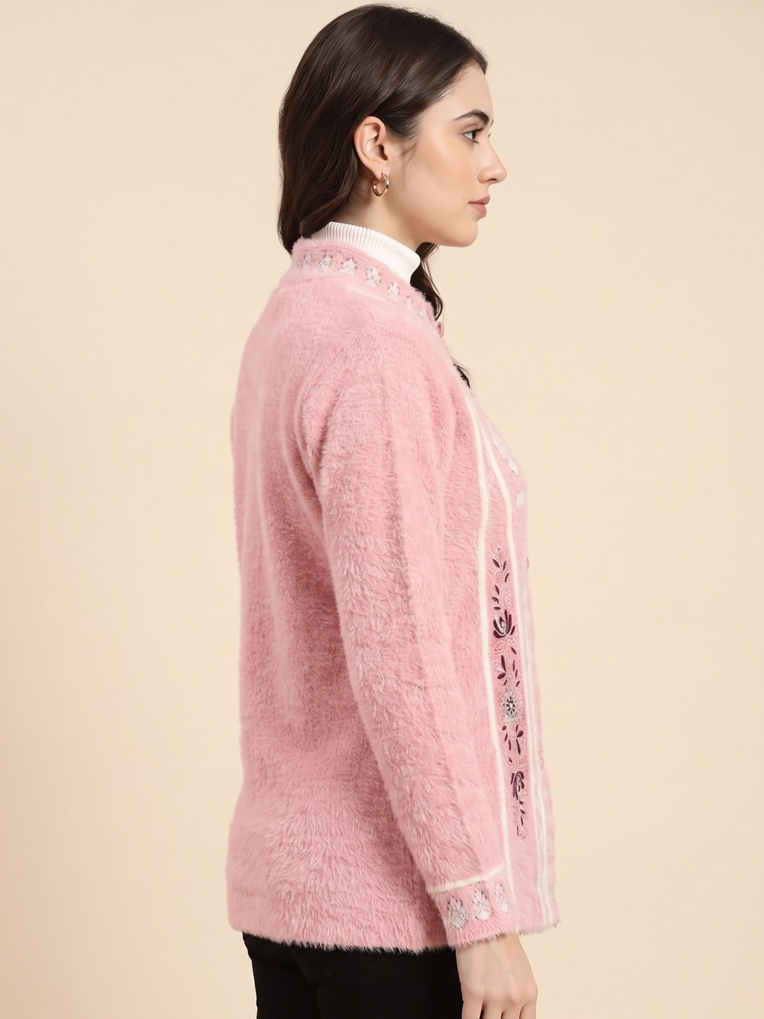 Peachmode Pink Fuzzy Jacquard Embroidered Woolen Cardigan - Image 3
