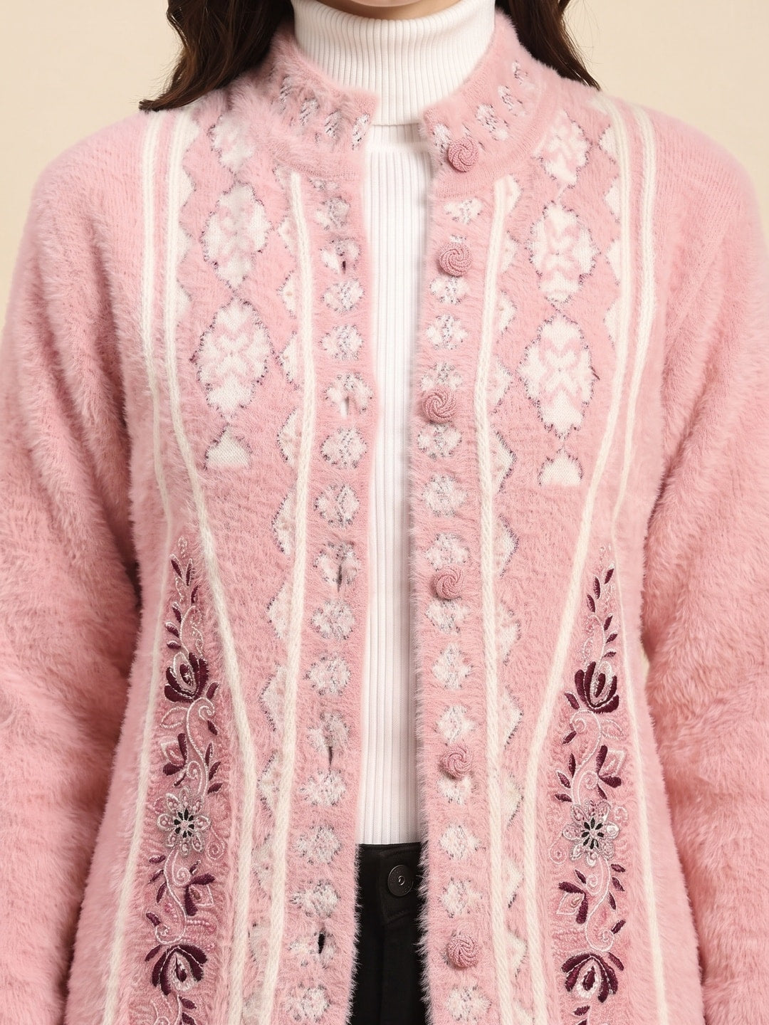 Peachmode Pink Fuzzy Jacquard Embroidered Woolen Cardigan - Image 5