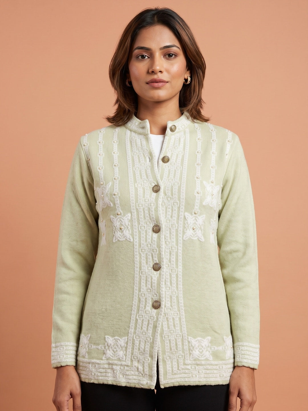 Peachmode Pistachio Green Lace Embroidered Woolen Cardigan - Image 1