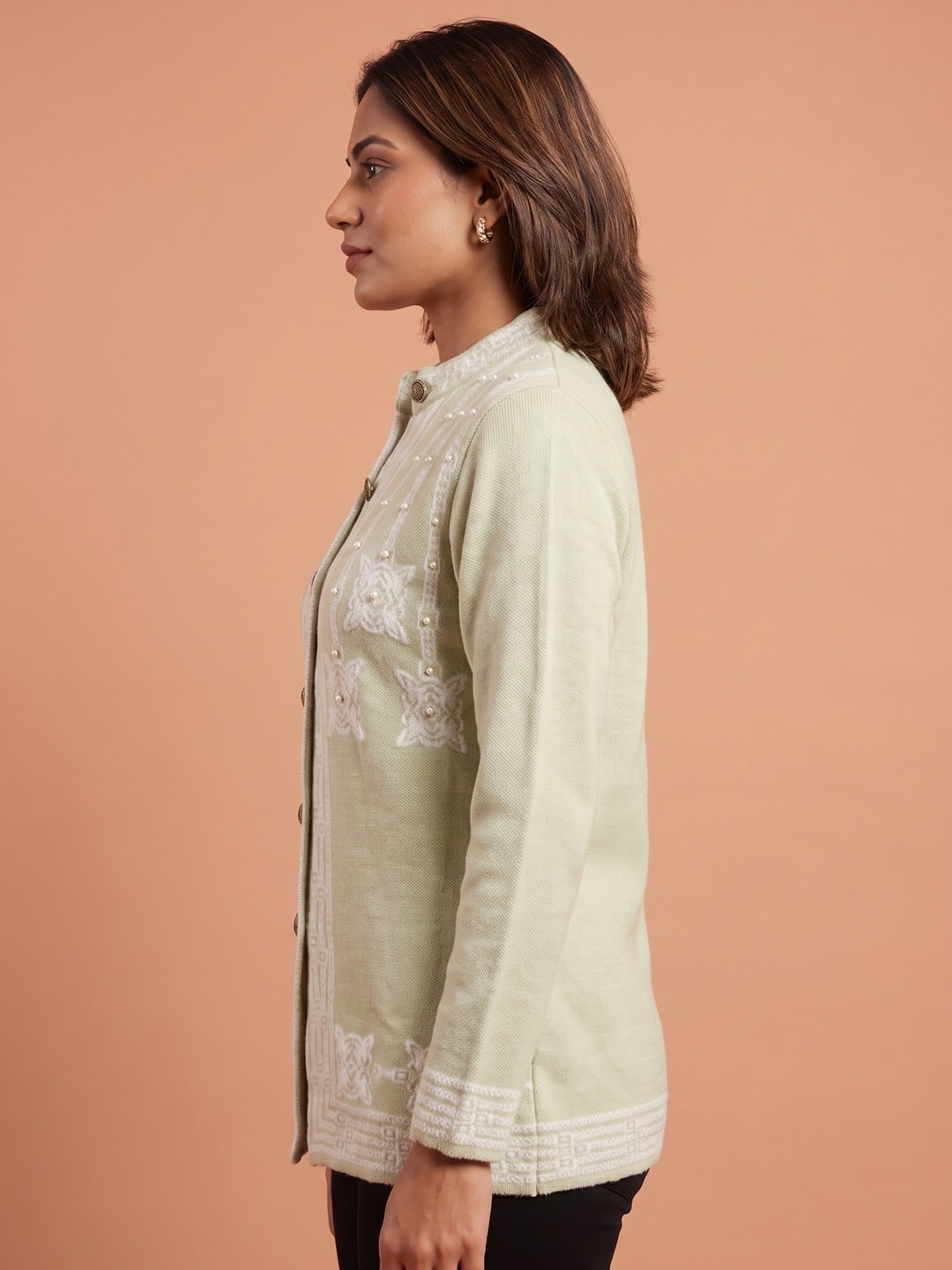 Peachmode Pistachio Green Lace Embroidered Woolen Cardigan - Image 3