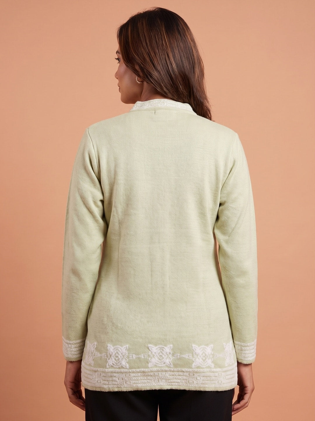 Peachmode Pistachio Green Lace Embroidered Woolen Cardigan - Image 4