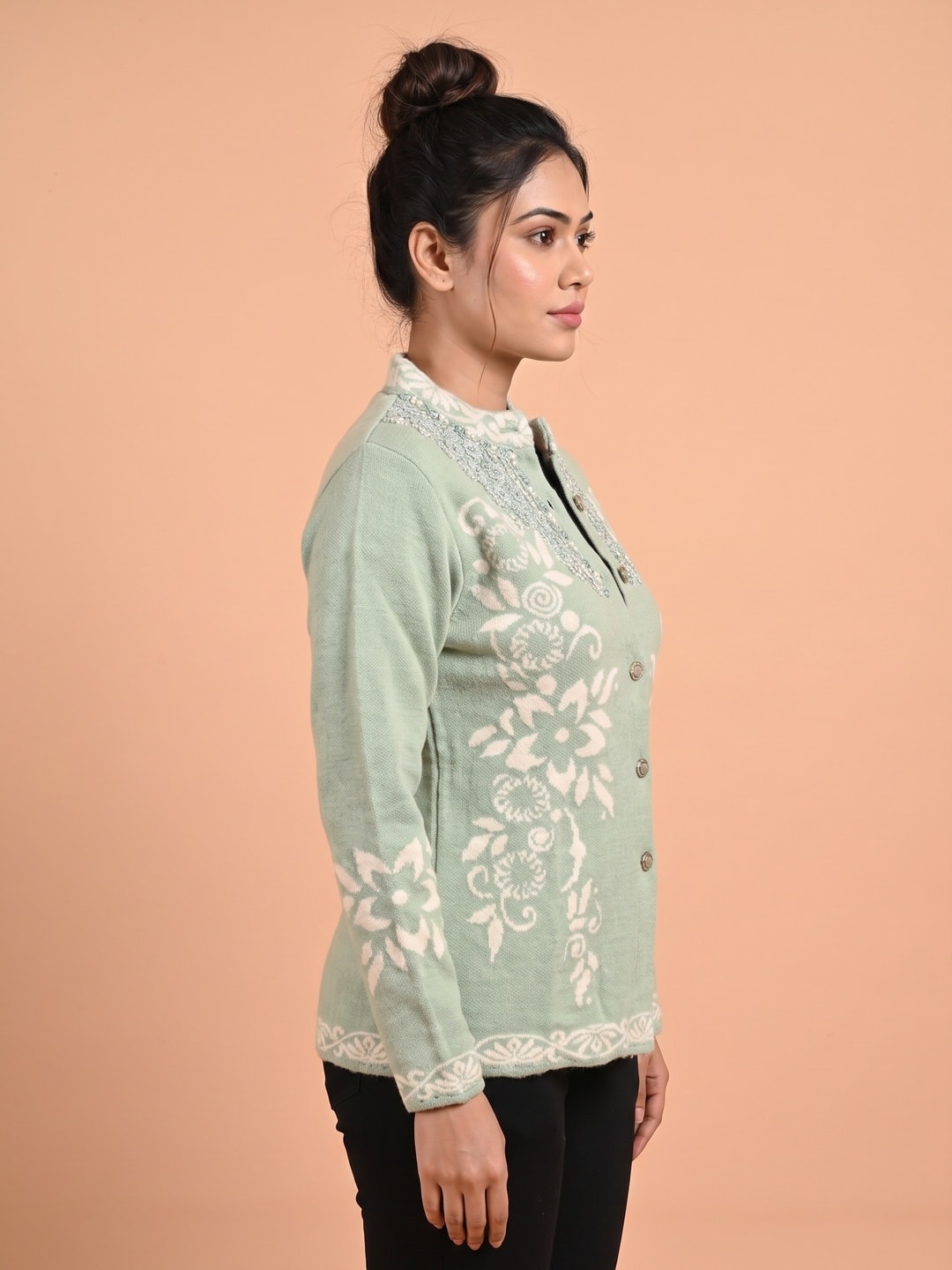 Peachmode Sage Green Floral Jacquard Woolen Cardigan - Image 3
