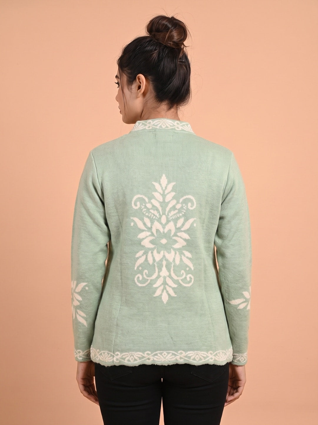 Peachmode Sage Green Floral Jacquard Woolen Cardigan - Image 4