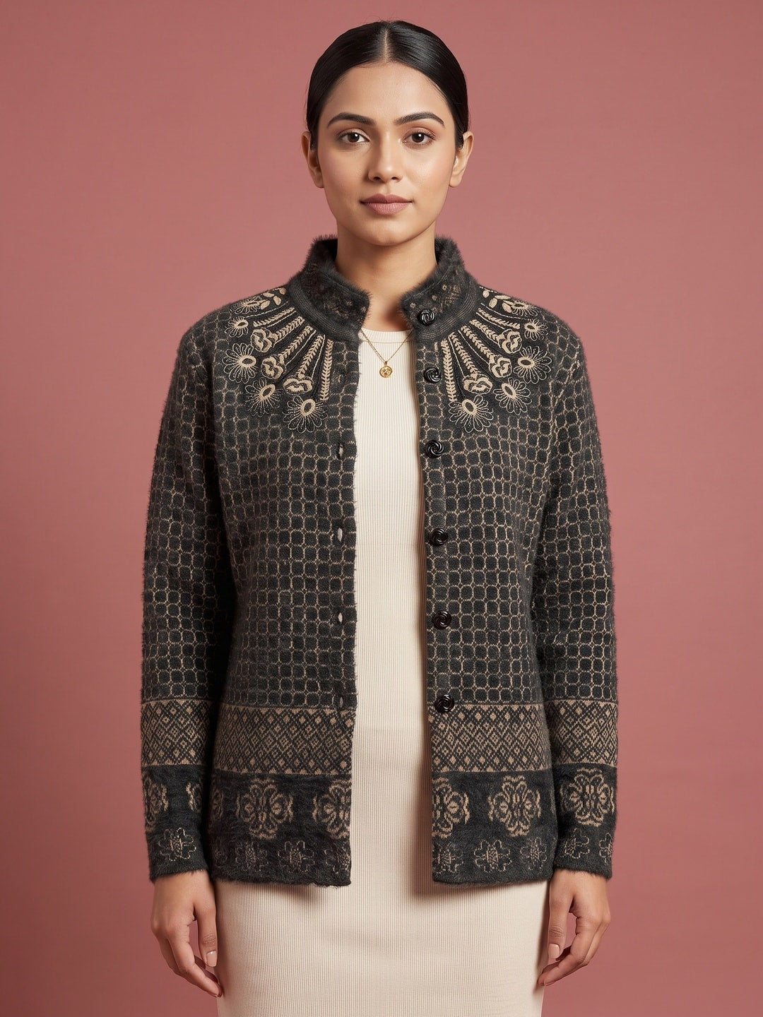 Peachmode Black Lattice Jacquard Woolen Cardigan - Image 1