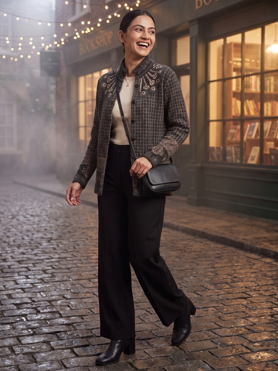 Peachmode Black Lattice Jacquard Woolen Cardigan - Image 2