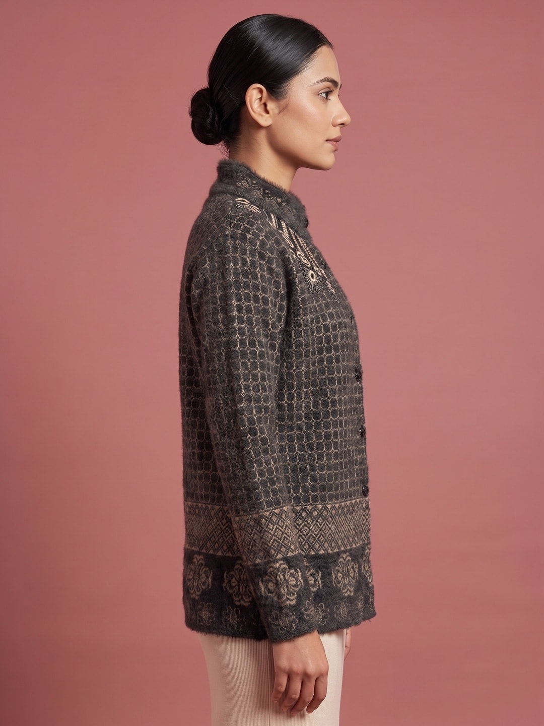 Peachmode Black Lattice Jacquard Woolen Cardigan - Image 3