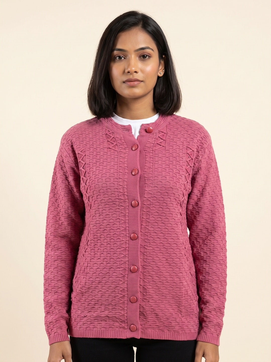 Peachmode Rose Pink Cable Knit Woolen Cardigan - Image 1
