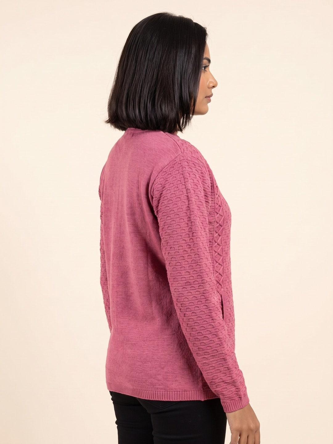 Peachmode Rose Pink Cable Knit Woolen Cardigan - Image 3