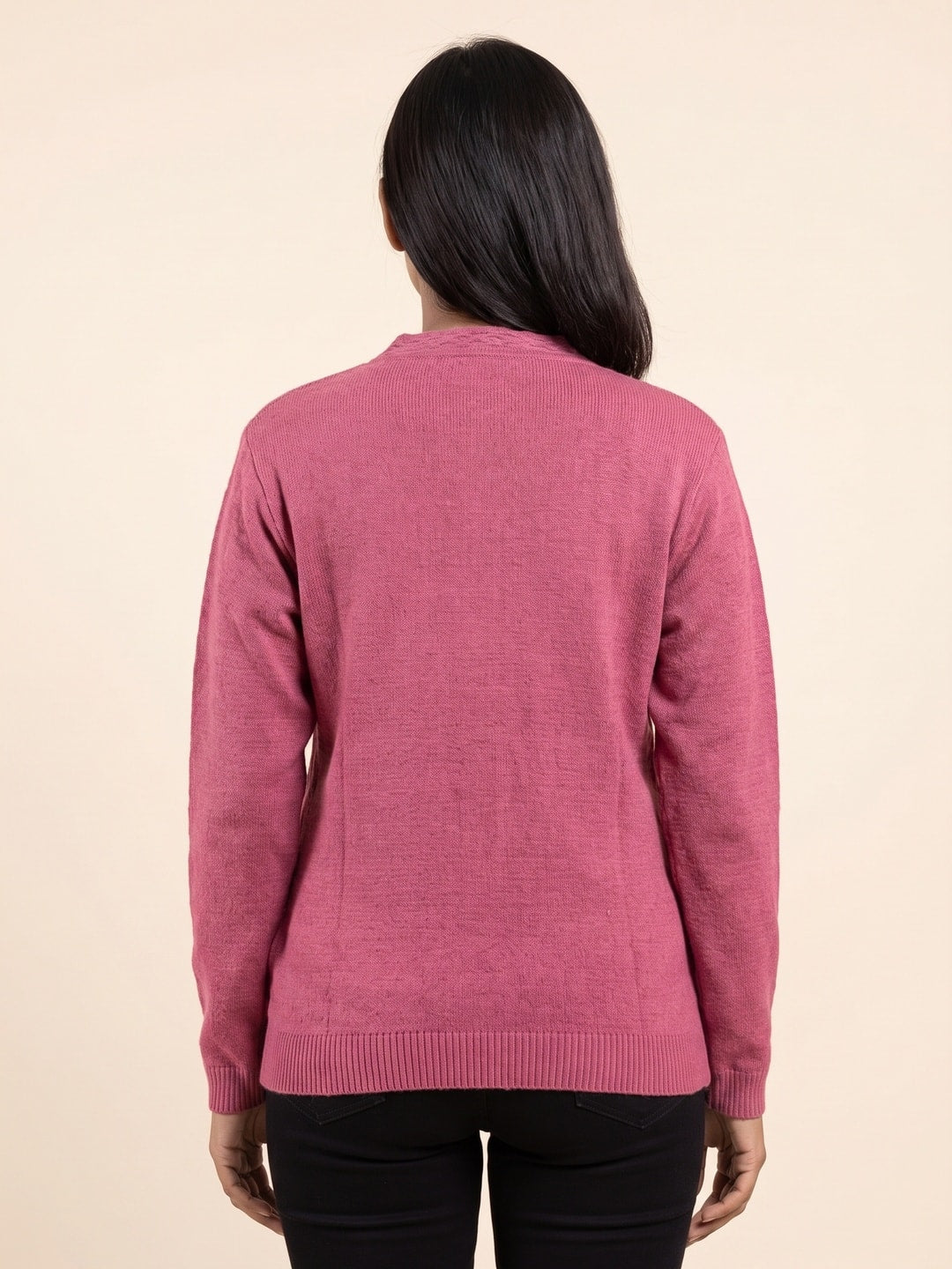 Peachmode Rose Pink Cable Knit Woolen Cardigan - Image 4