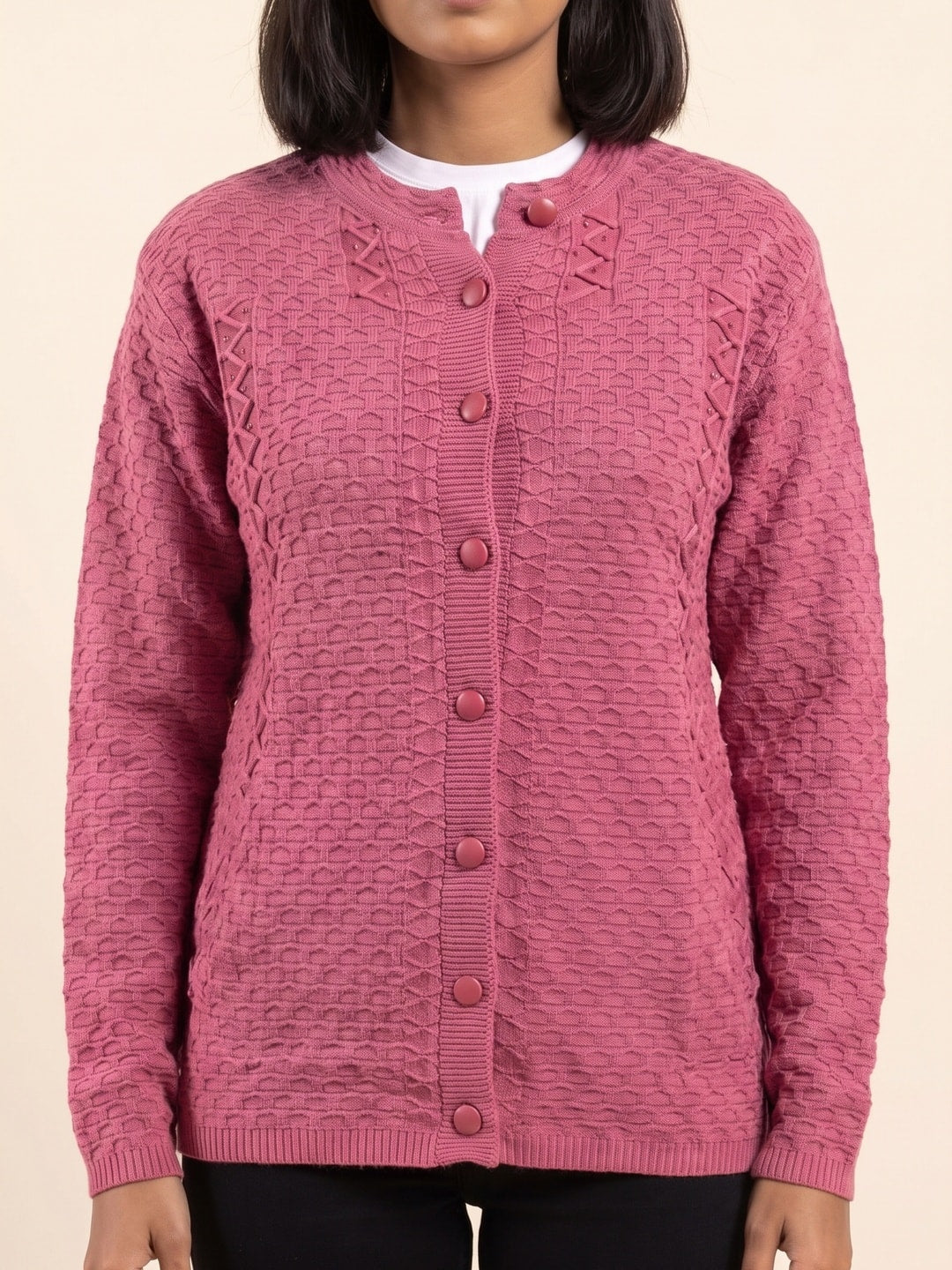 Peachmode Rose Pink Cable Knit Woolen Cardigan - Image 5