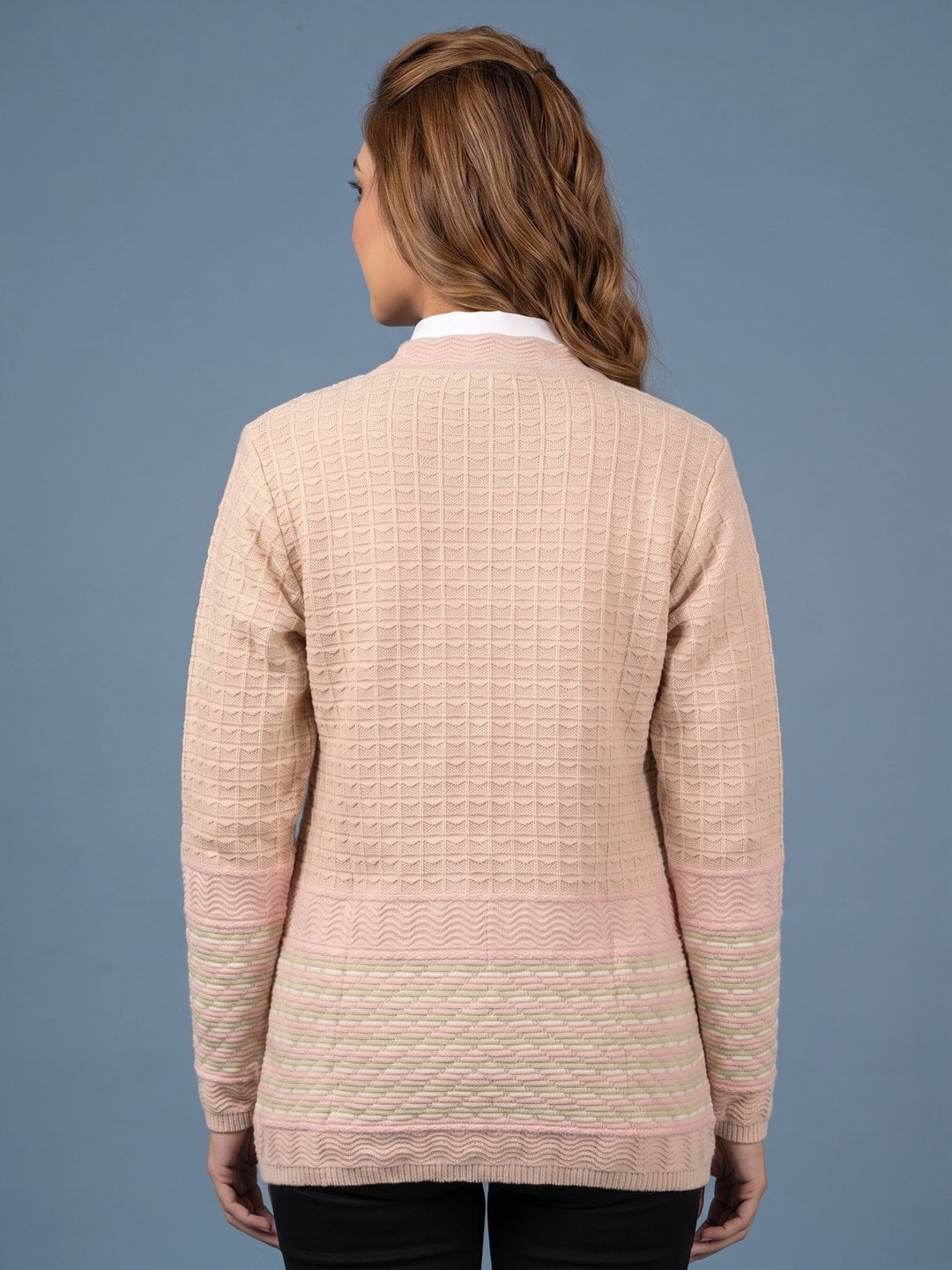 Peachmode Beige Waffle Knit Embroidered Woolen Cardigan - Image 4